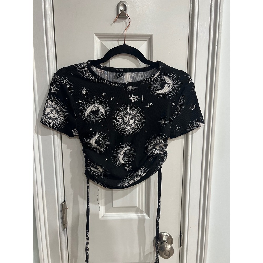 Forever 21 Celestial Sun Moon Star Ribbed Cinched Crop Top Black White Medium
